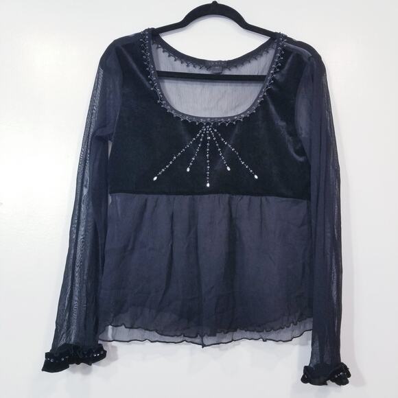 Lapis Sheer Silk Blend Velvet Rhinestones Embellished Ruffle Blouse - Picture 1 of 12